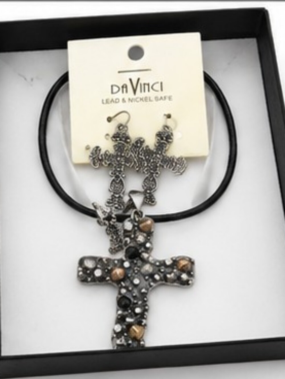 DaVinci Cross Necklace & Earrings Set NWT Silver Tone Rhinestone Black Cord Goth - Picture 4 of 8